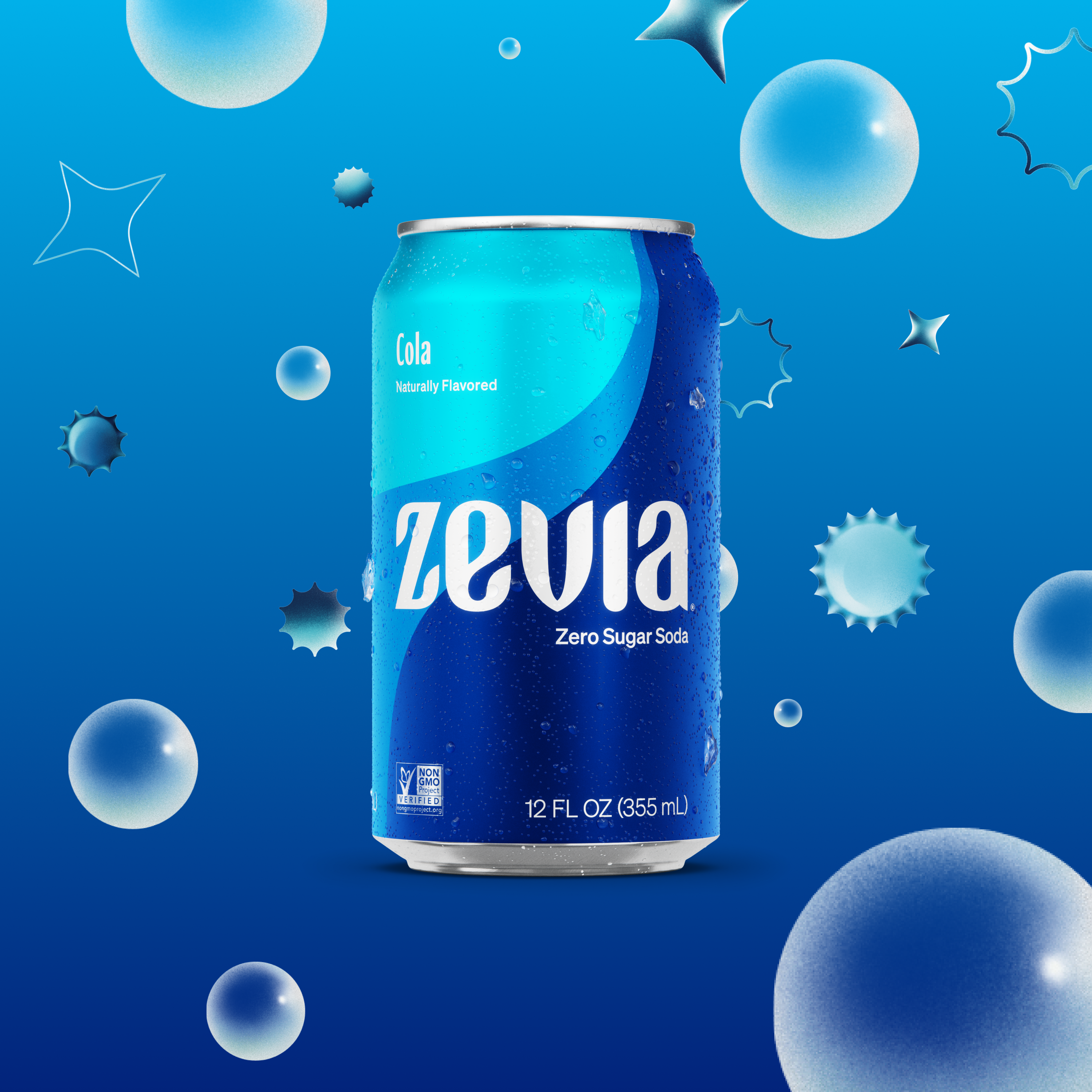 Zevia cola can on a blue background with bubbles