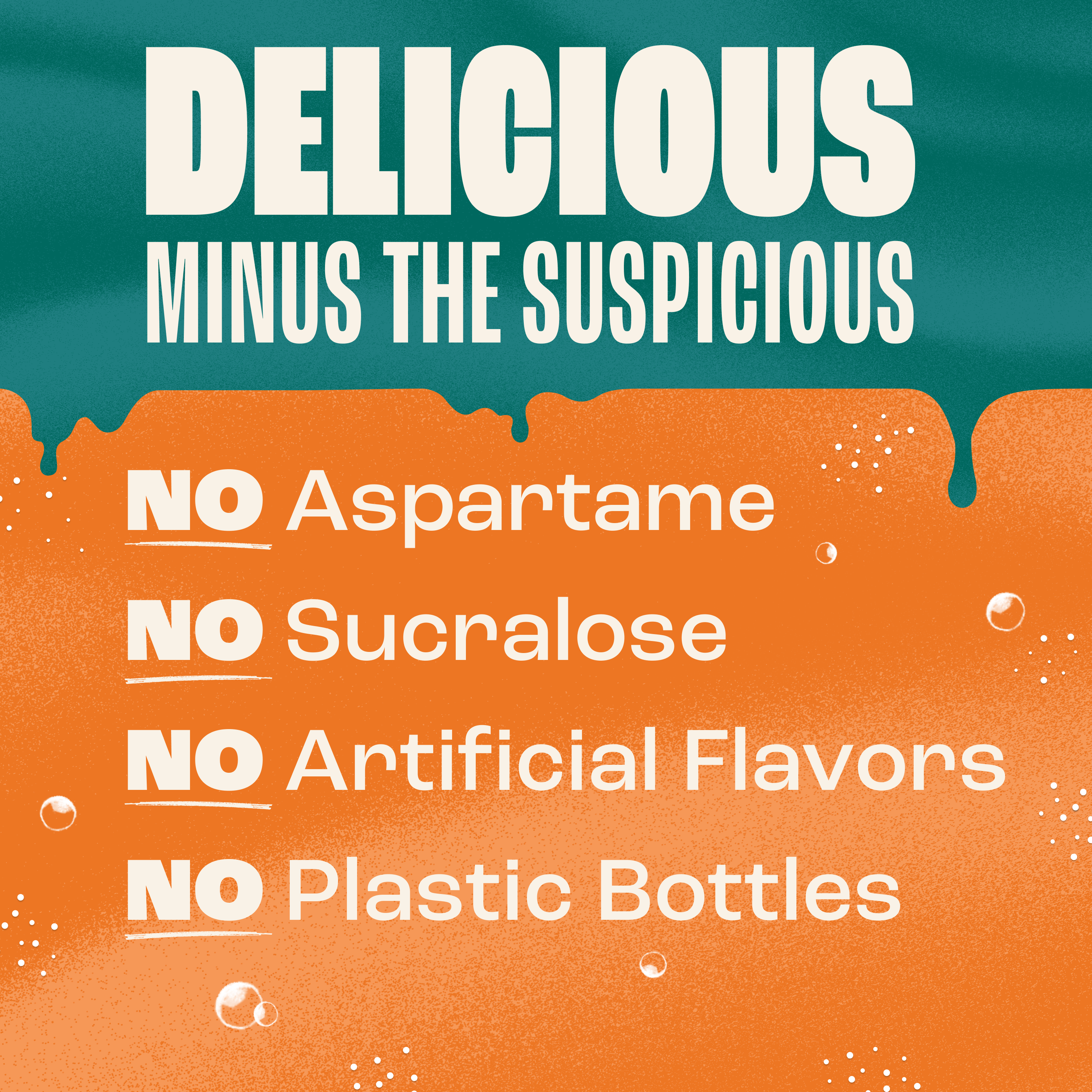 Product label with text about ingredients and packaging on a green and orange background