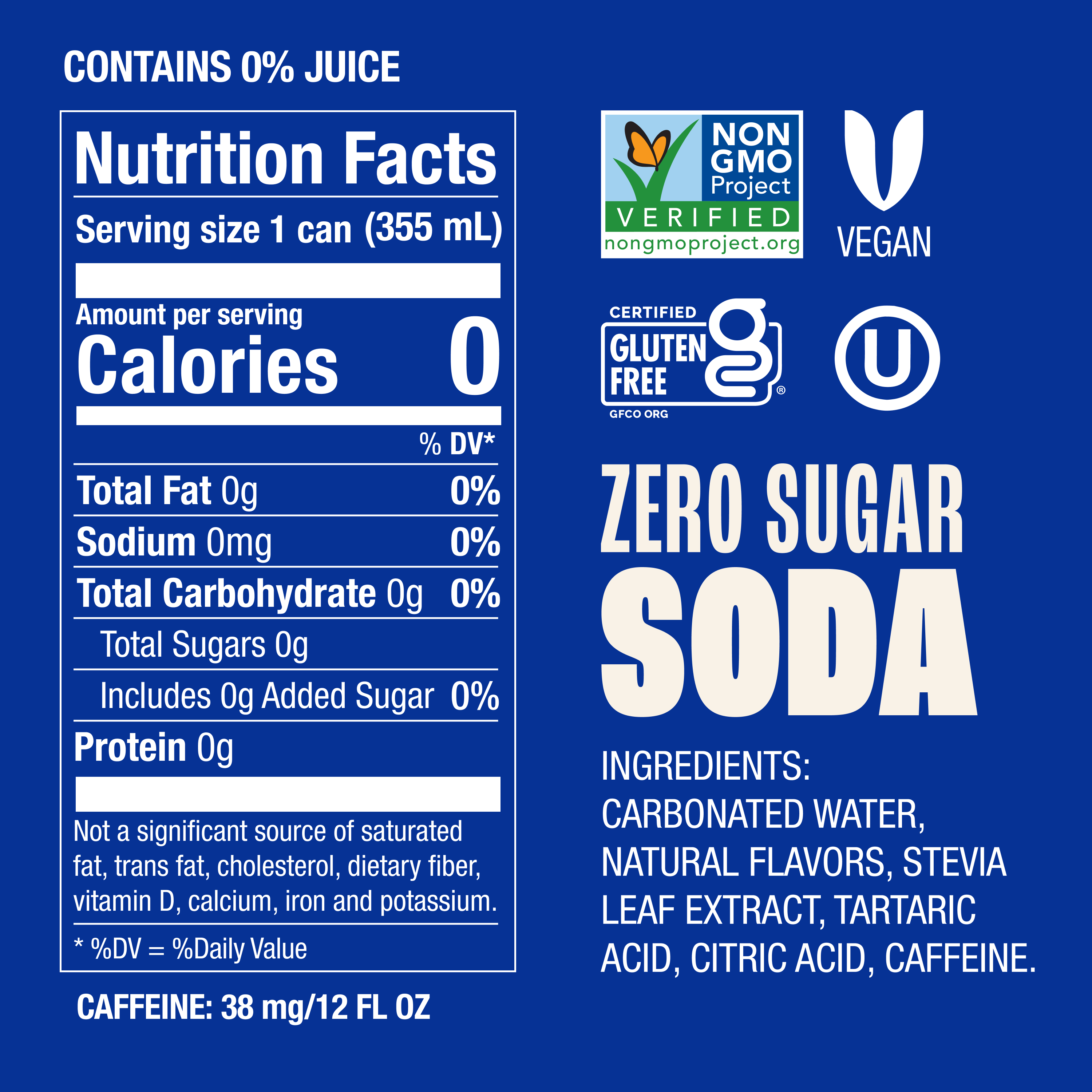 Nutrition facts label for a zero sugar soda on a blue background with certification logos.