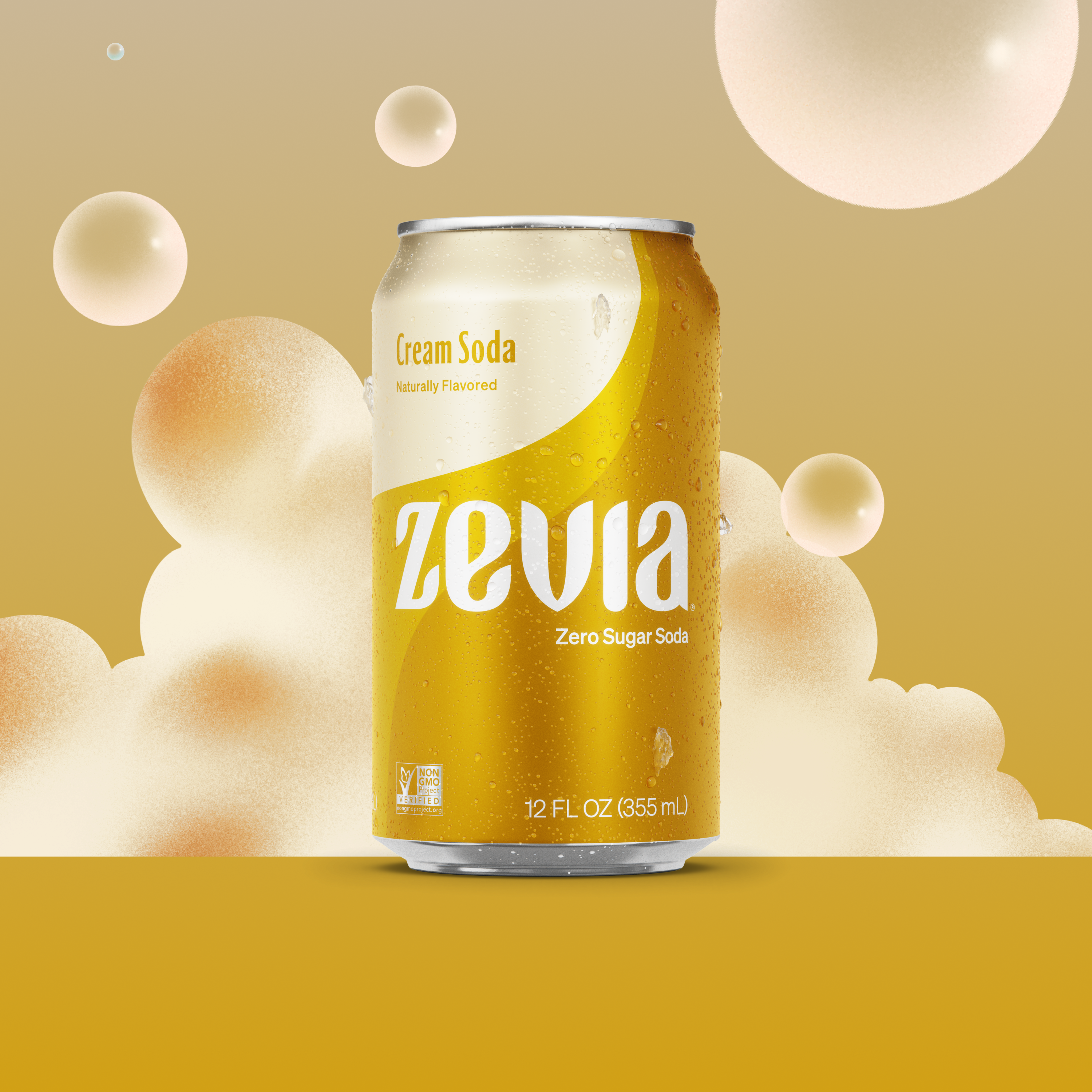 Zevia cream soda can on a yellow background with bubbles