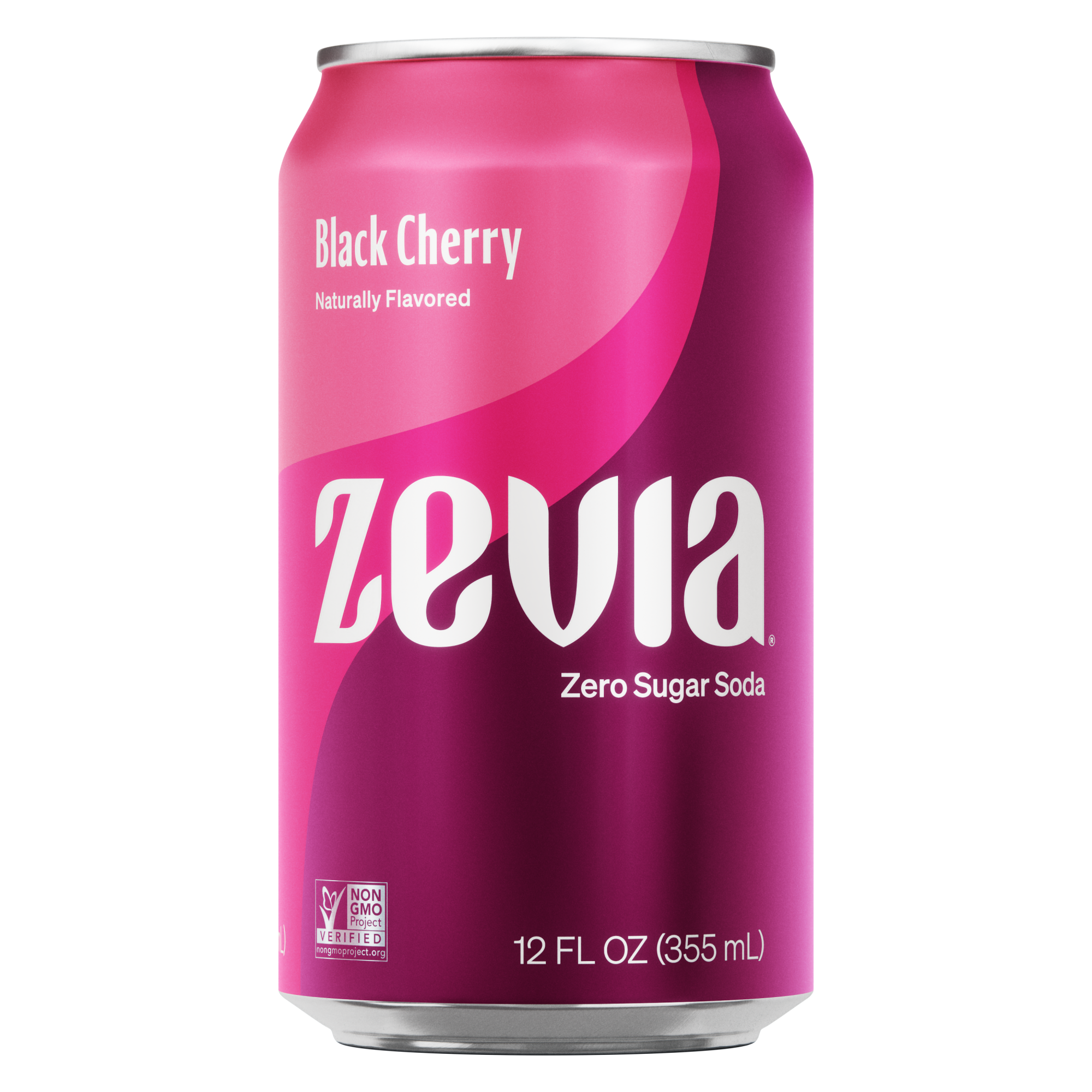 A can of Zevia Black Cherry zero sugar soda with a predominantly pink background.