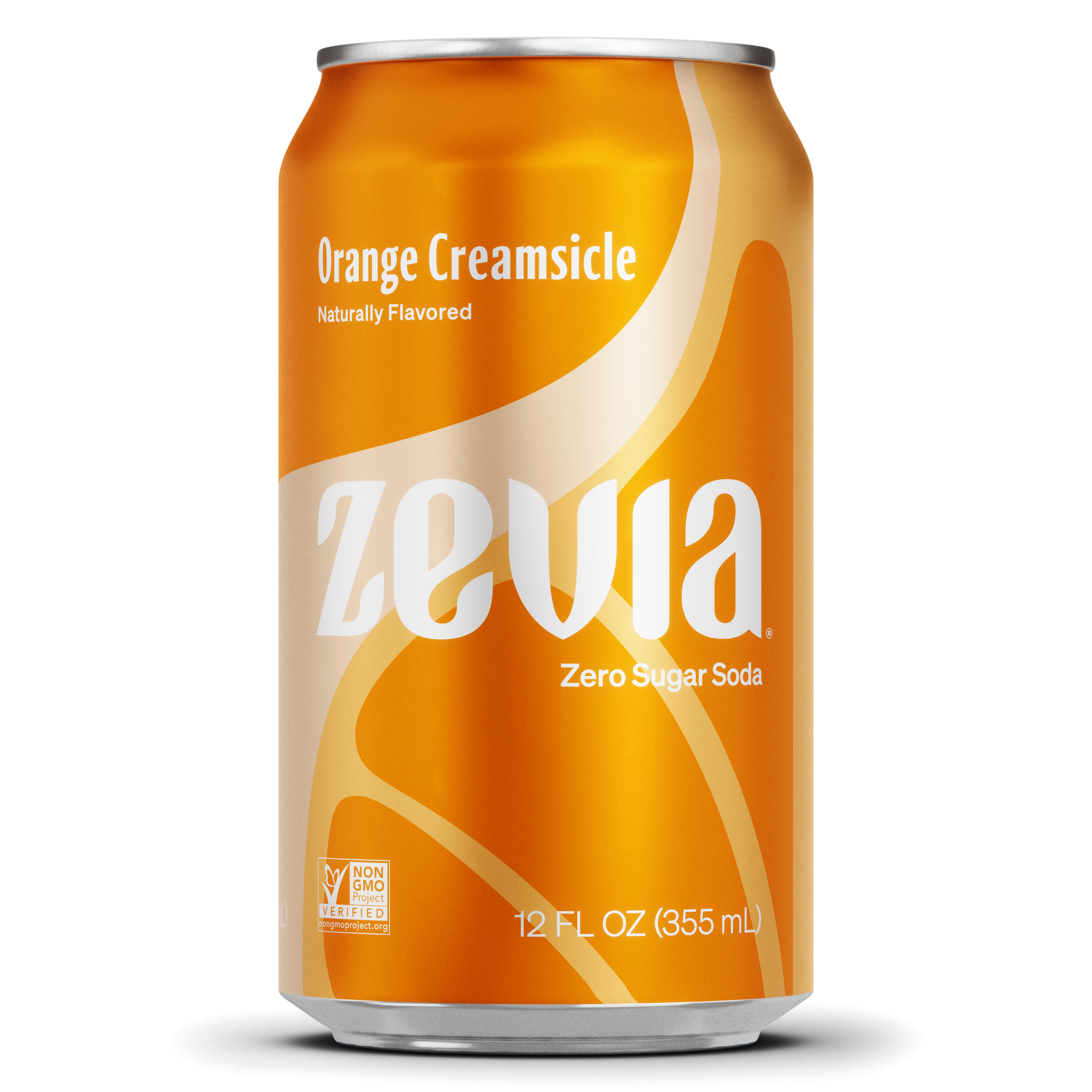 A can of Zevia Zero Sugar Soda with the flavor Orange Creamsicle. The can is colored orange with the brand name and flavor name displayed on it.