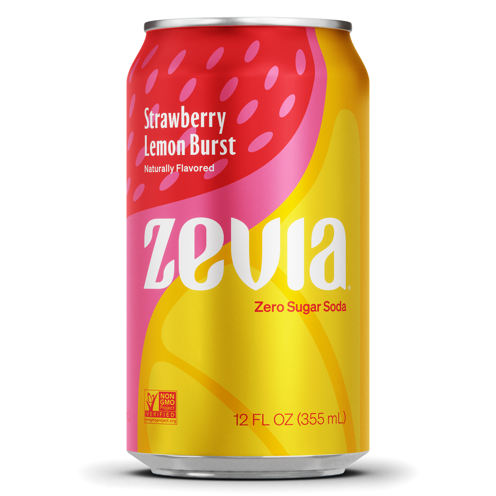 Zevia Strawberry Lemon Burst zero sugar soda can on a white background