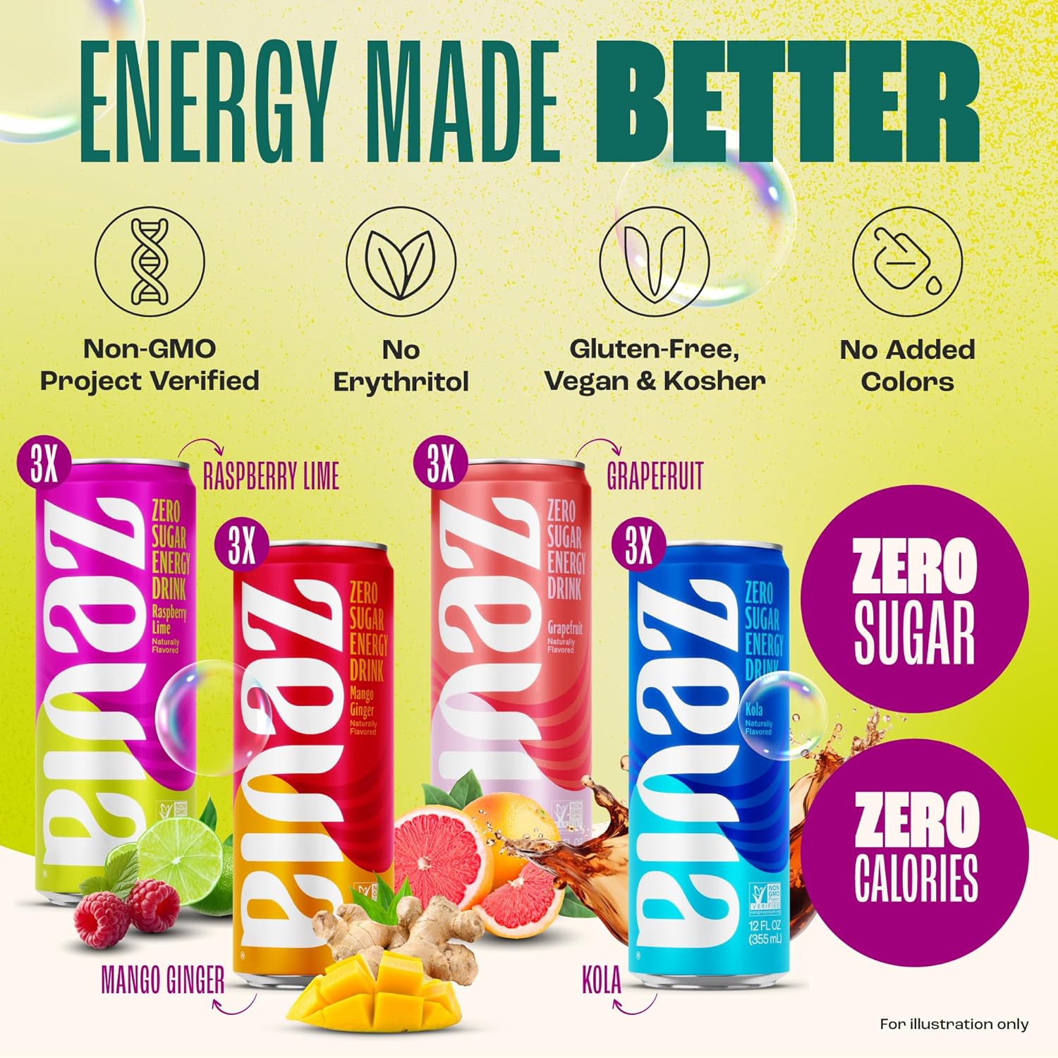 Zevia Energy 4 Flavor Classic Variety Pack | Zero Sugar, Zero Calories