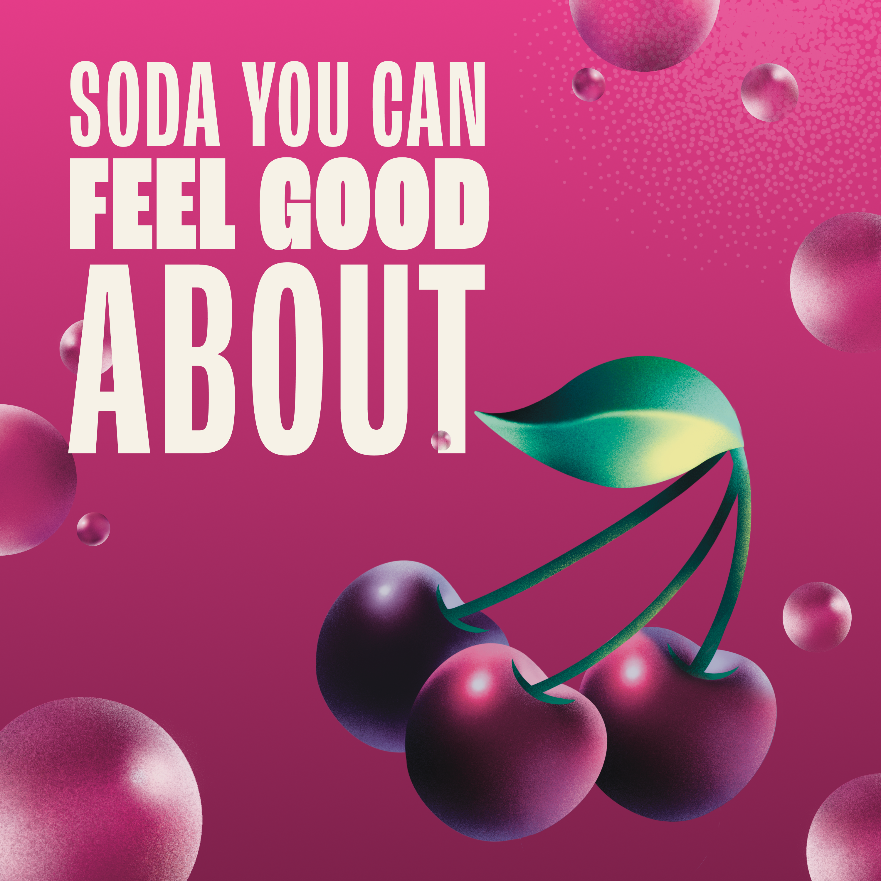 Soda advertisement with cherries and text on a pink background