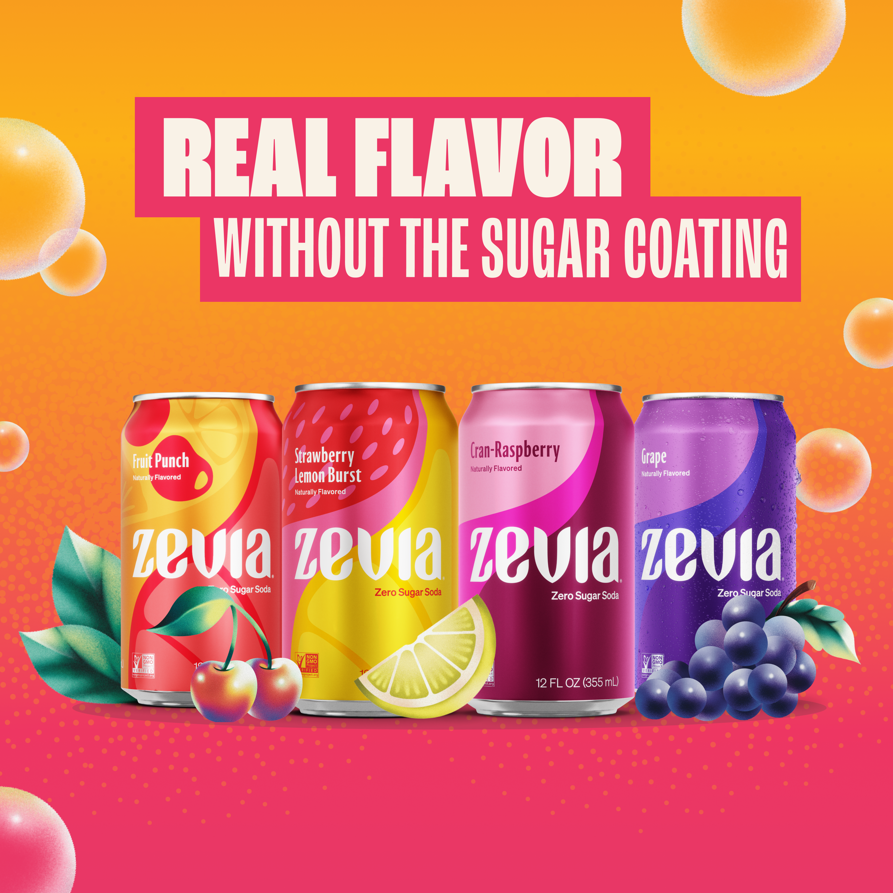 Zevia soda cans in various flavors with a promotional text on a colorful background
