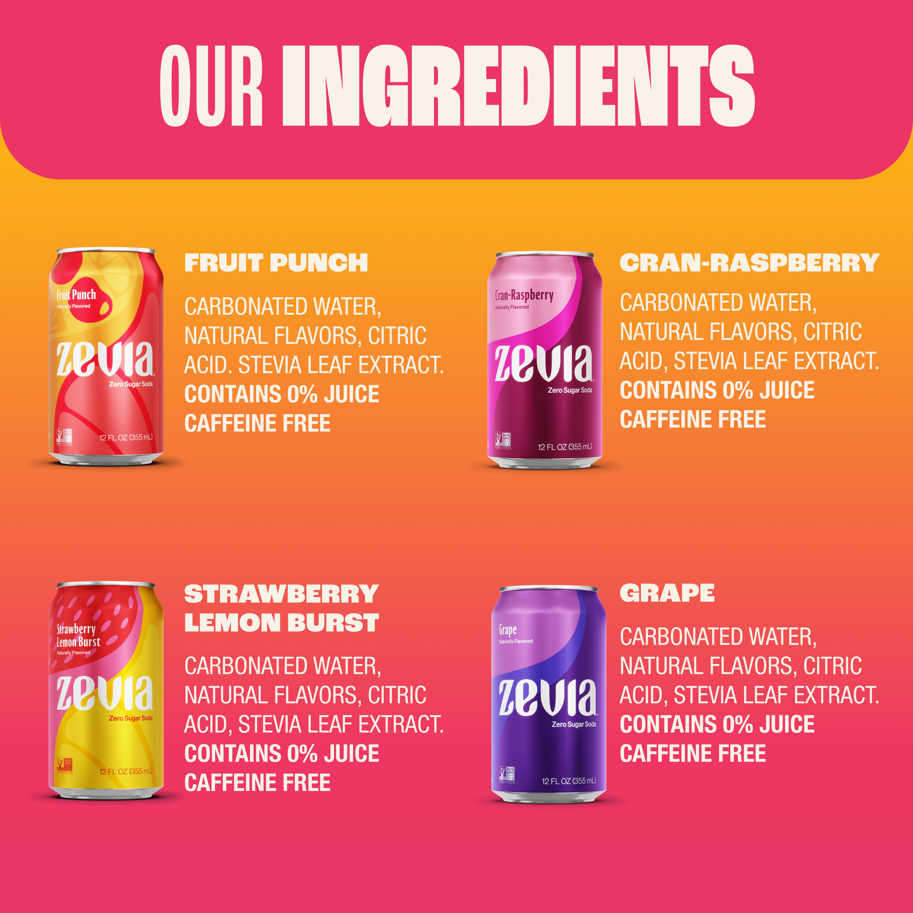 Zevia soda cans with flavor names and ingredients on a colorful background