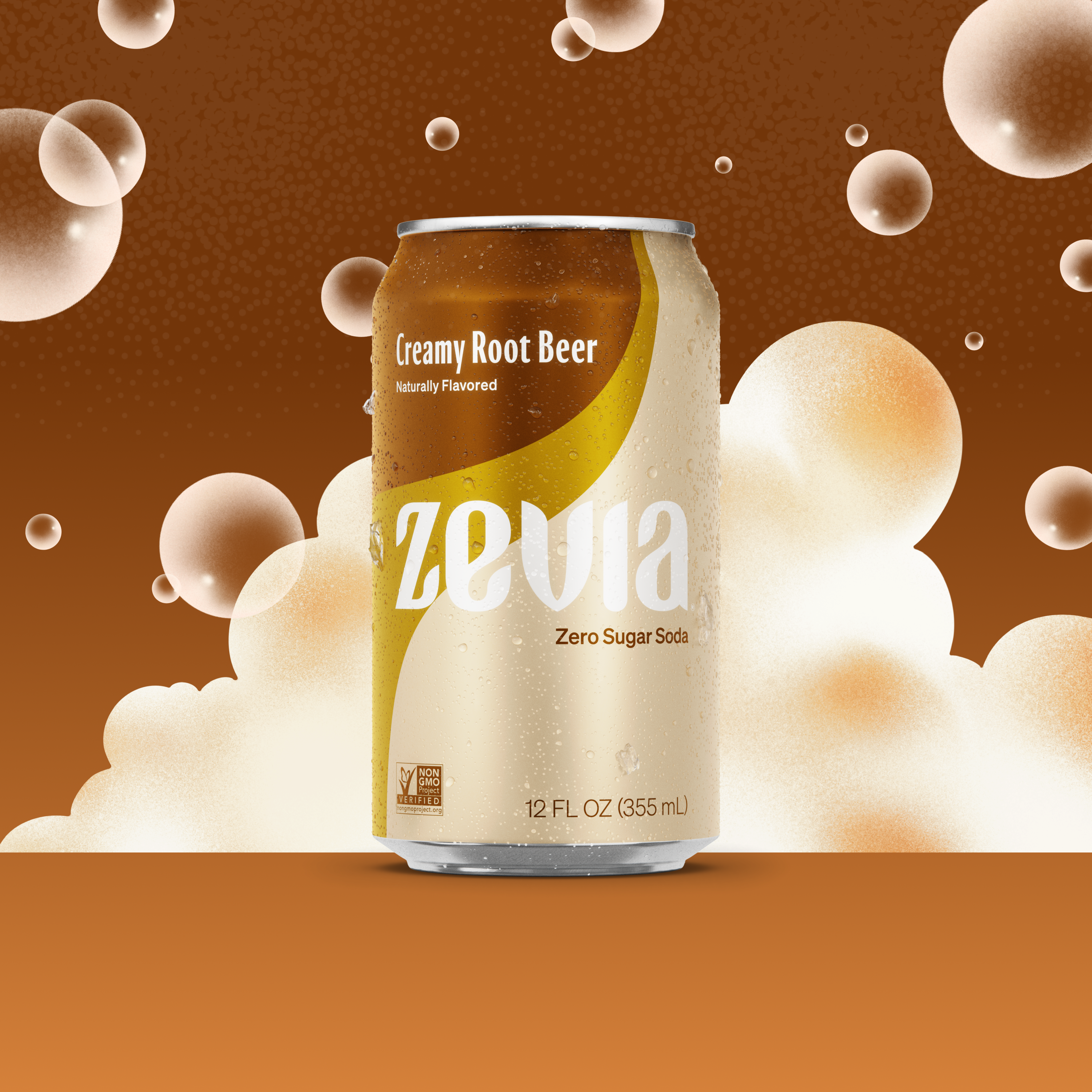 Zevia Creamy Root Beer can on a brown background with bubbles