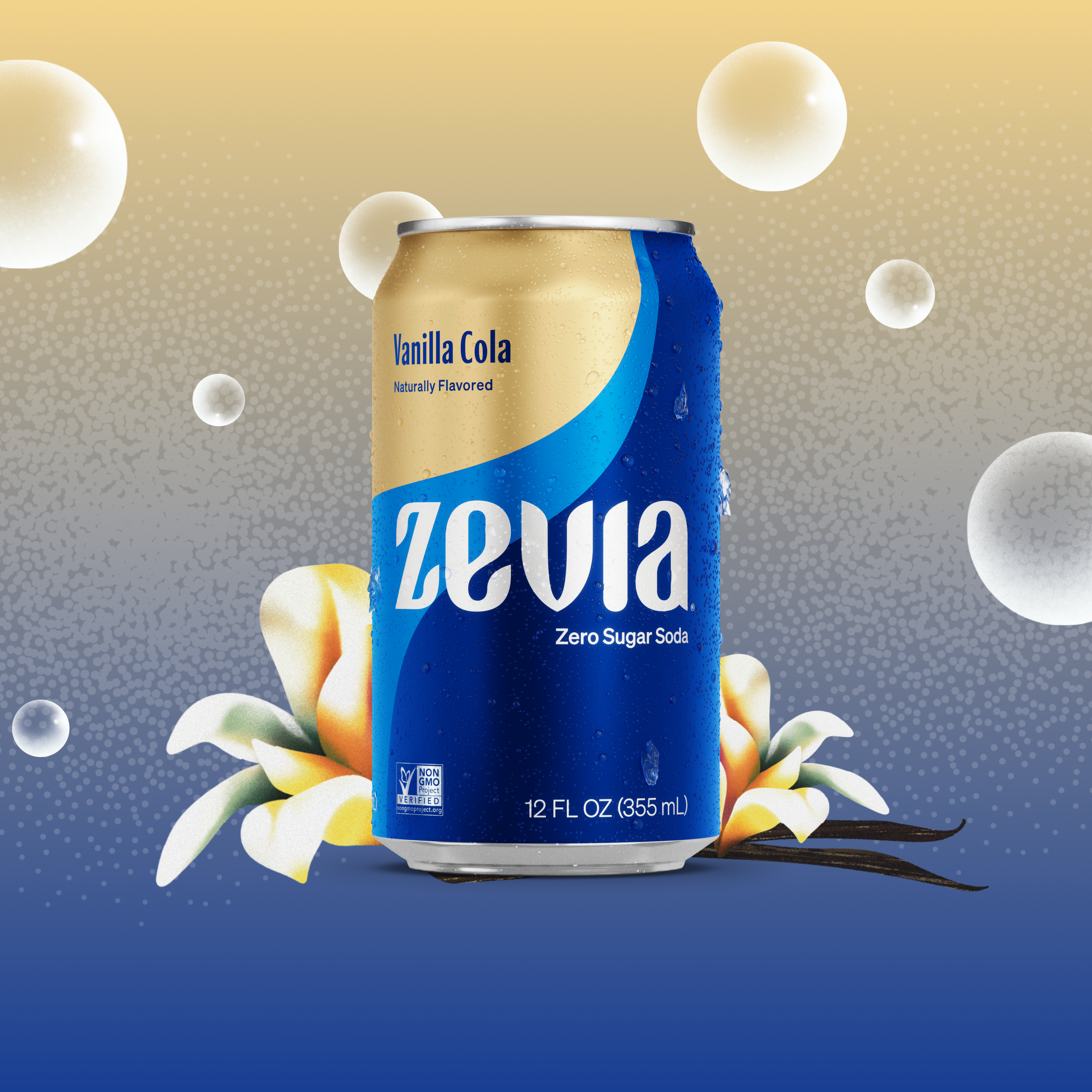 Zevia Vanilla Cola can with vanilla flowers and bubbles on a gradient background