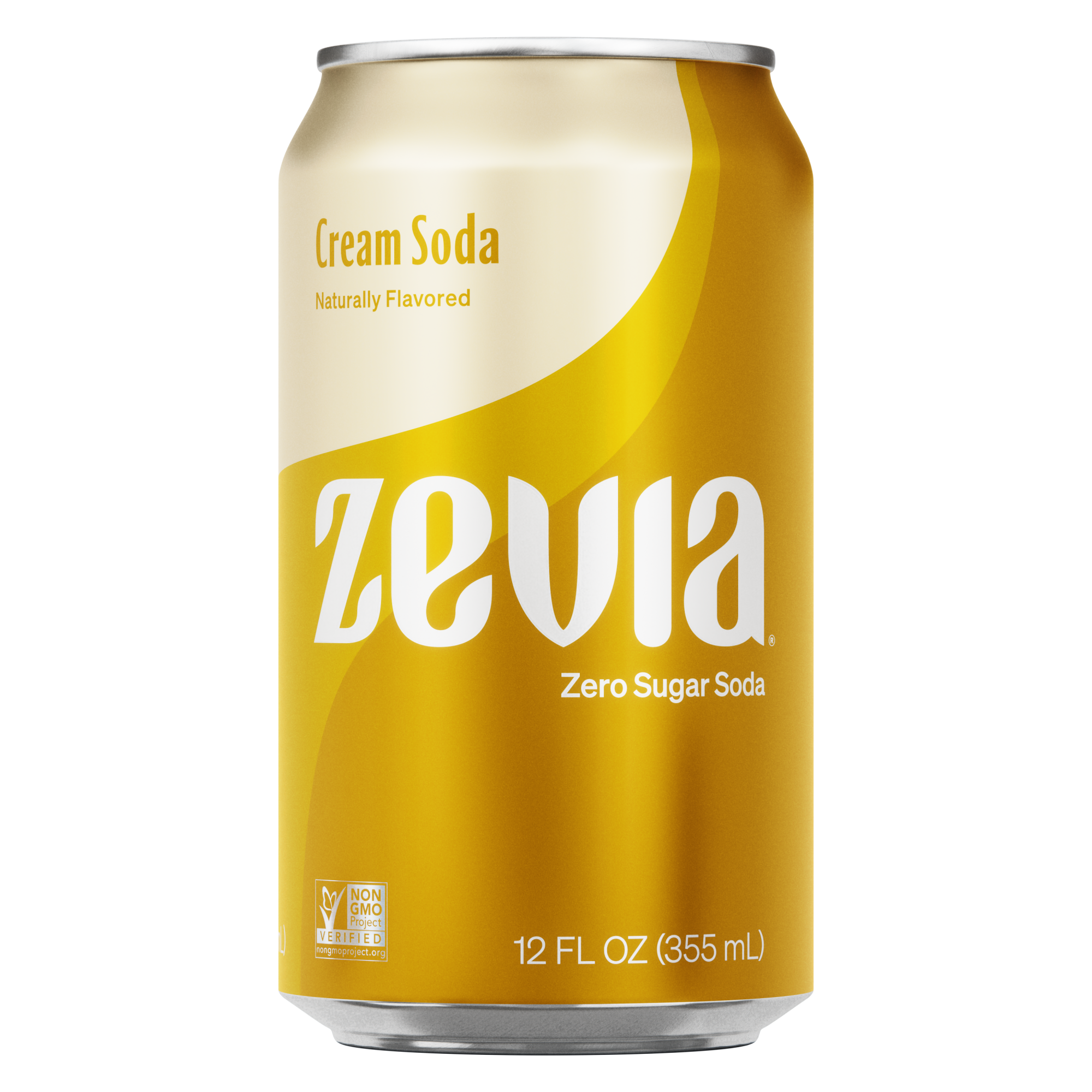 A can of Zevia Cream Soda with a yellow label, indicating naturally flavored zero sugar soda, 12 fl oz (355 ml).