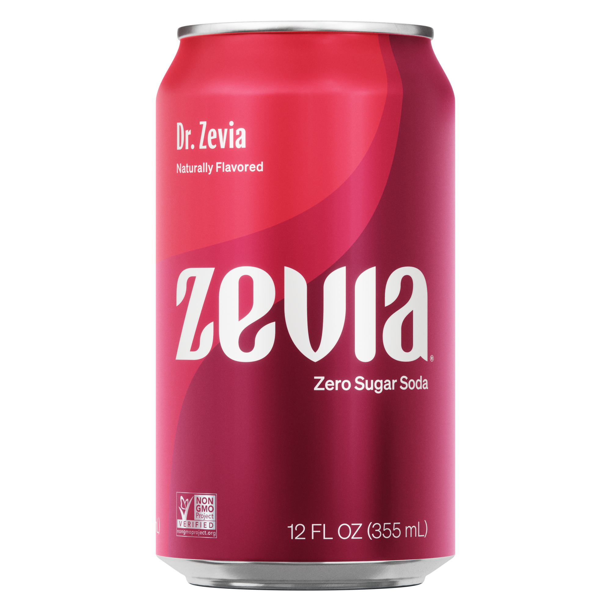 A can of Dr. Zevia zero sugar soda with a predominantly red background and white text stating 'Zevia' and 'Zero Sugar Soda'.