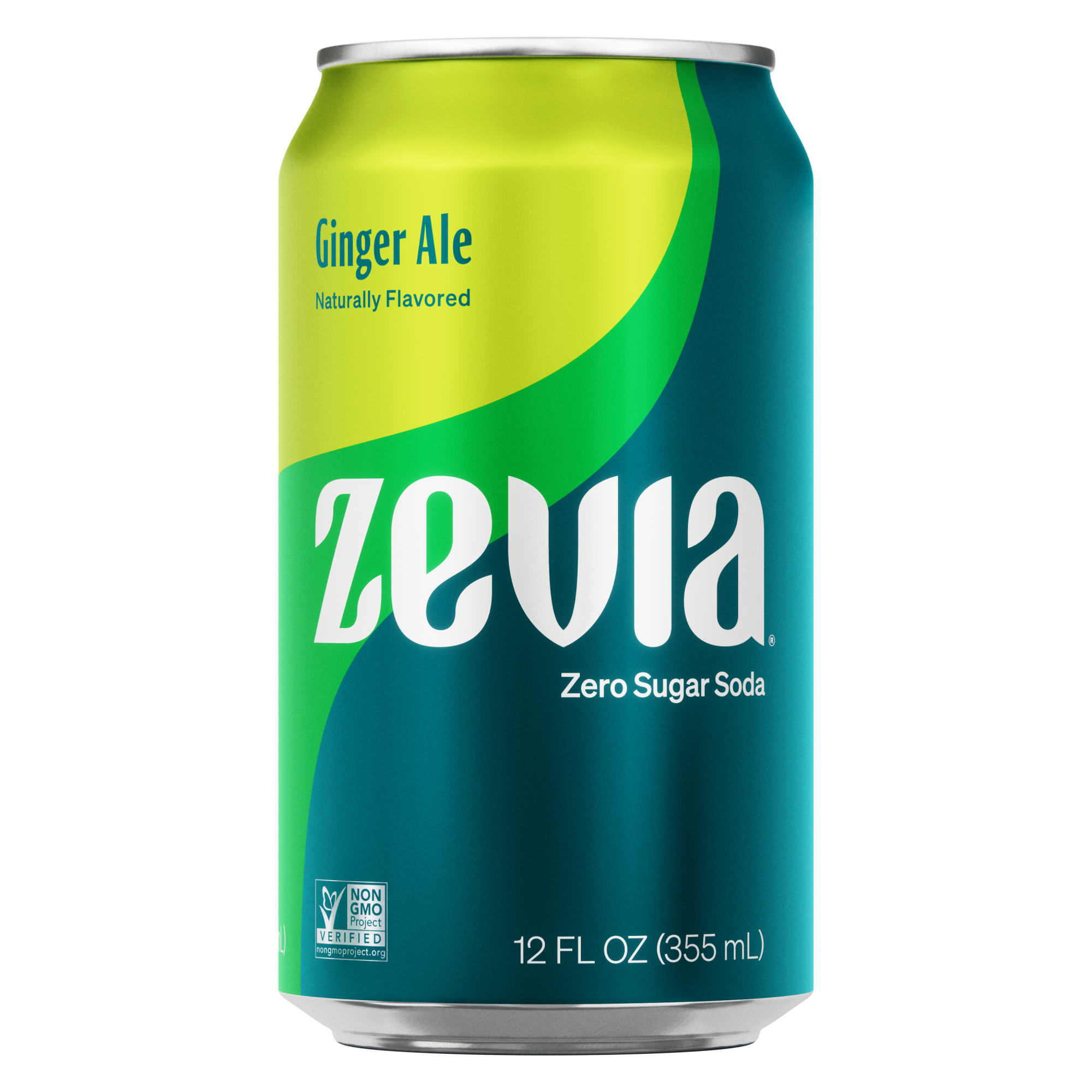 A can of Zevia Ginger Ale soda with a green and blue label, indicating it is a zero sugar soda.