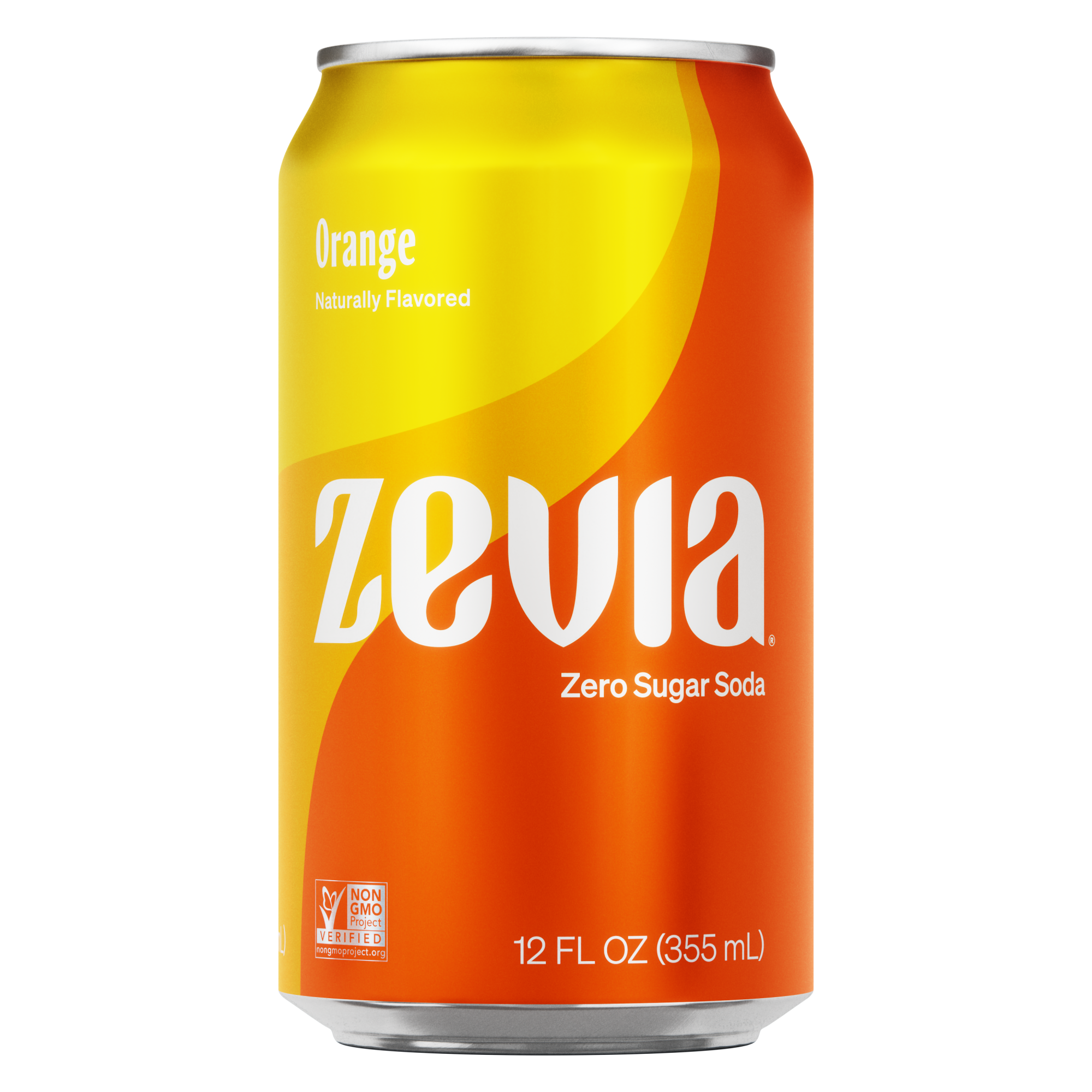 A can of Zevia Orange soda with a predominantly orange color and the brand name 'Zevia' displayed prominently on the front.