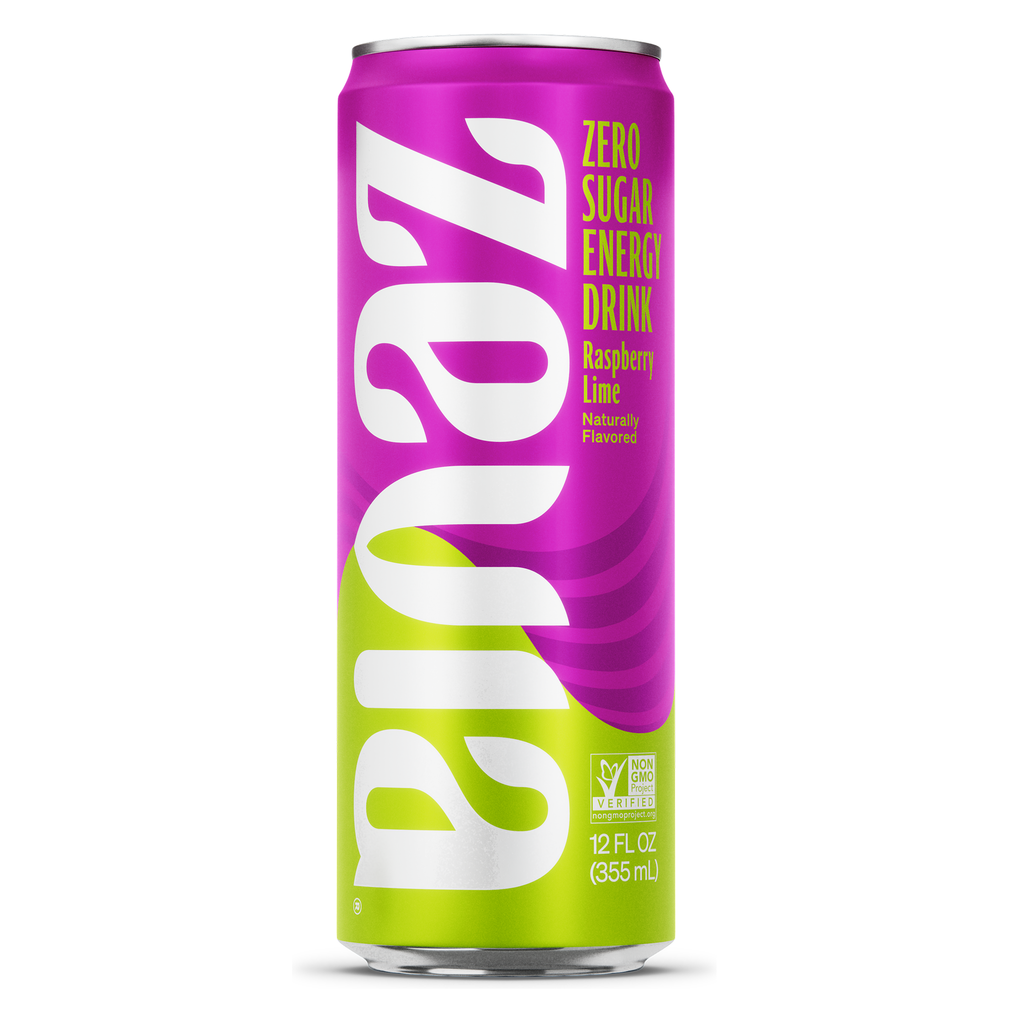 Zevia Zero Sugar energy drink can with purple and green design on a white background