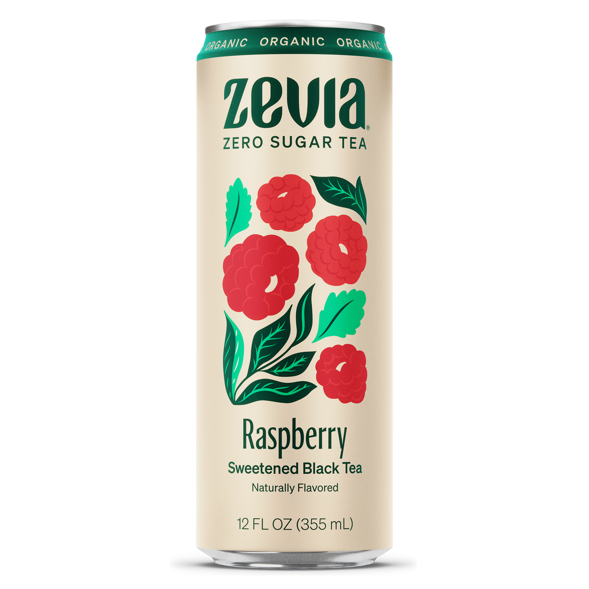 Zevia raspberry sweetened black tea can on a white background