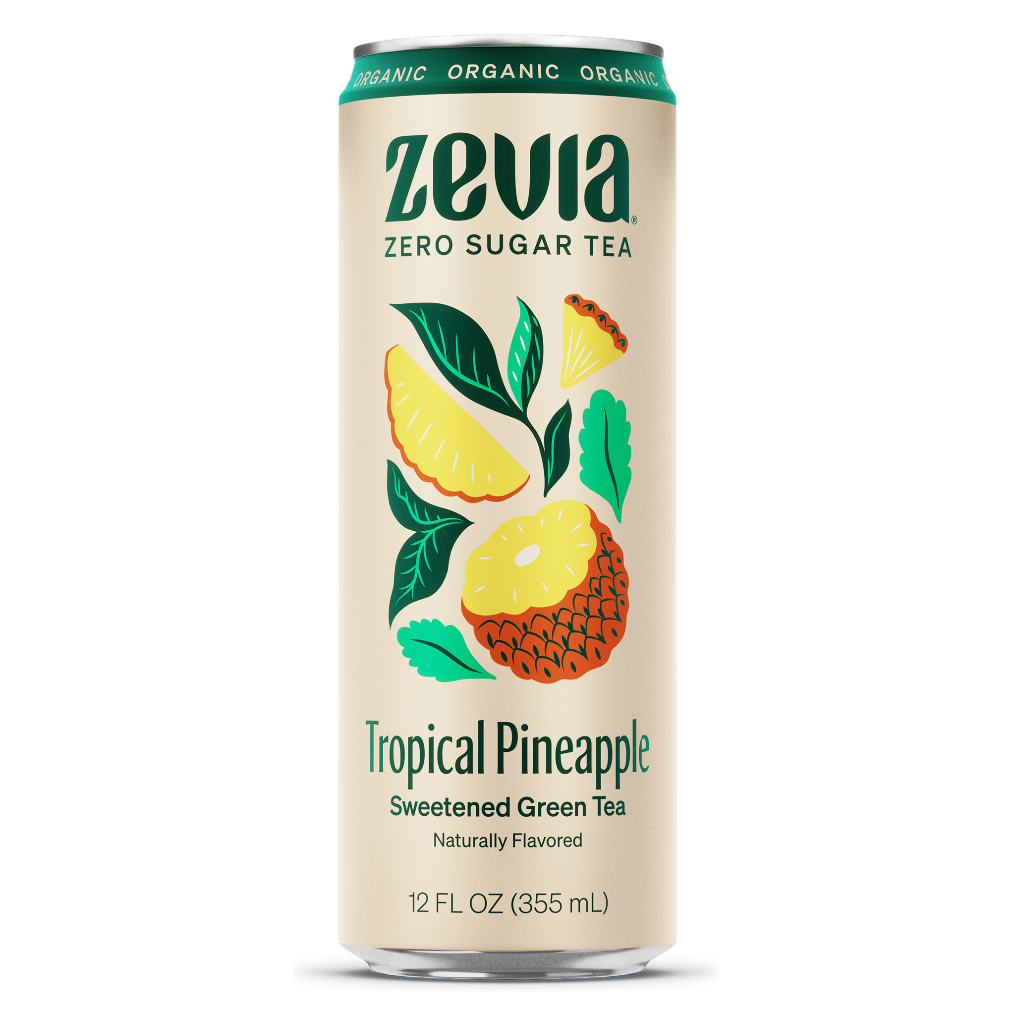 Zevia Tropical Pineapple Zero Sugar sweetened green tea can on a white background