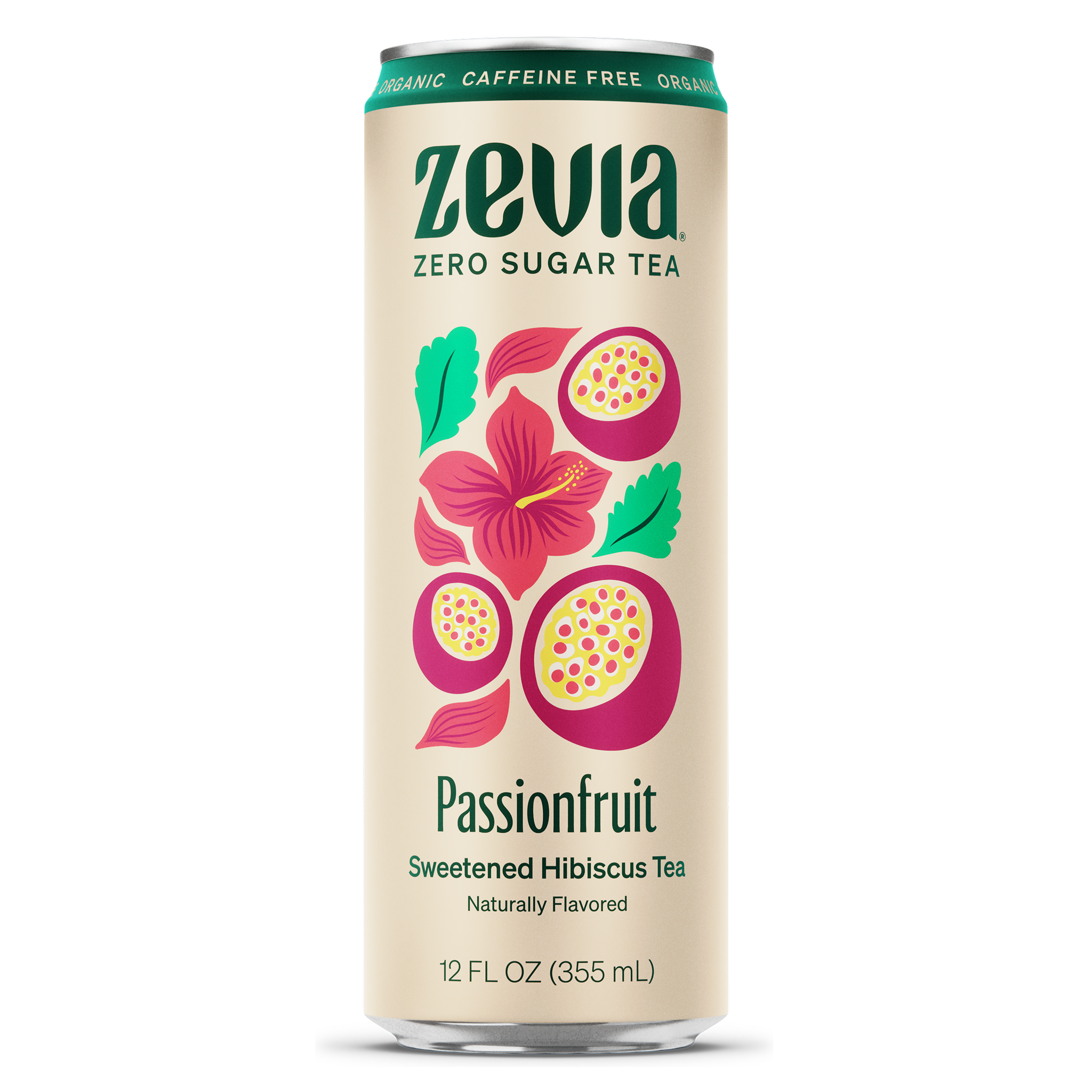 Zevia passionfruit sweetened hibiscus tea can on a white background